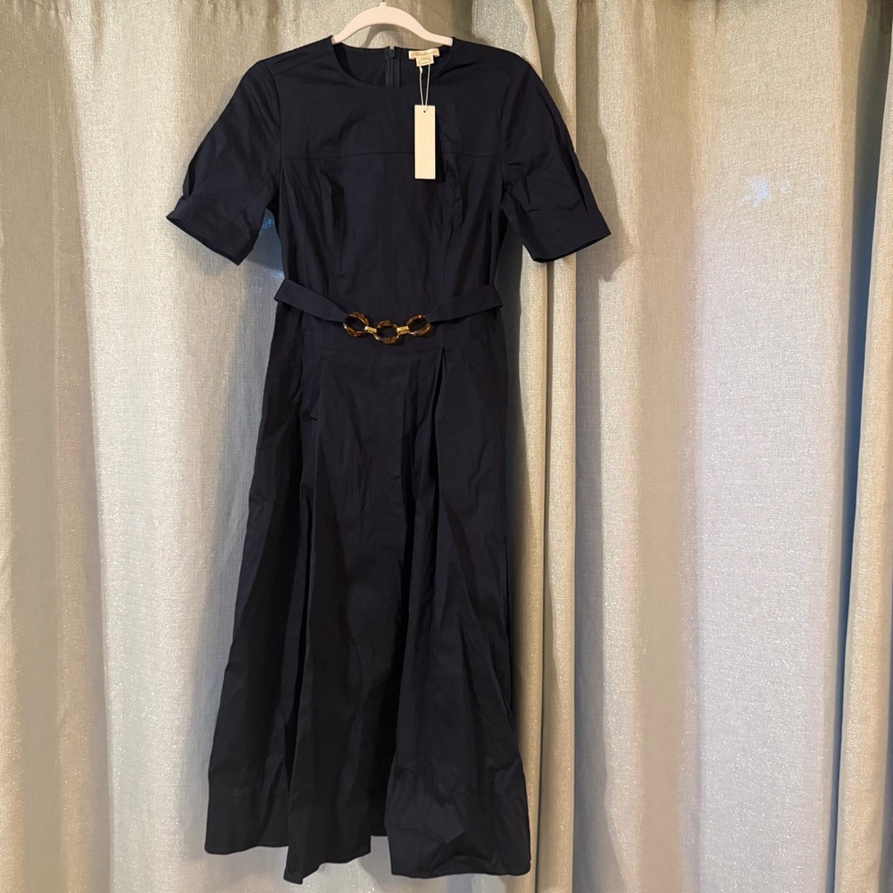 $398 Shoshanna Castell Cotton Cheryl Dress Navy Midi A-Line Chain Belt Pockets 4 - Picture 5 of 9
